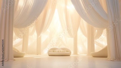 A serene sanctuary bathed in soft, golden sunlight, where flowing white curtains create an ethereal, peaceful atmosphere, inviting tranquility and calm.