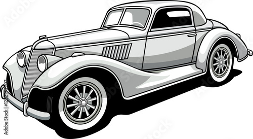black and white old model car hand drawn vector image with PNG Transparent background