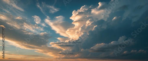 Dramatic cloudscape at sunset with vibrant colors and contrasting light in the sky over a tranquil landscape photo