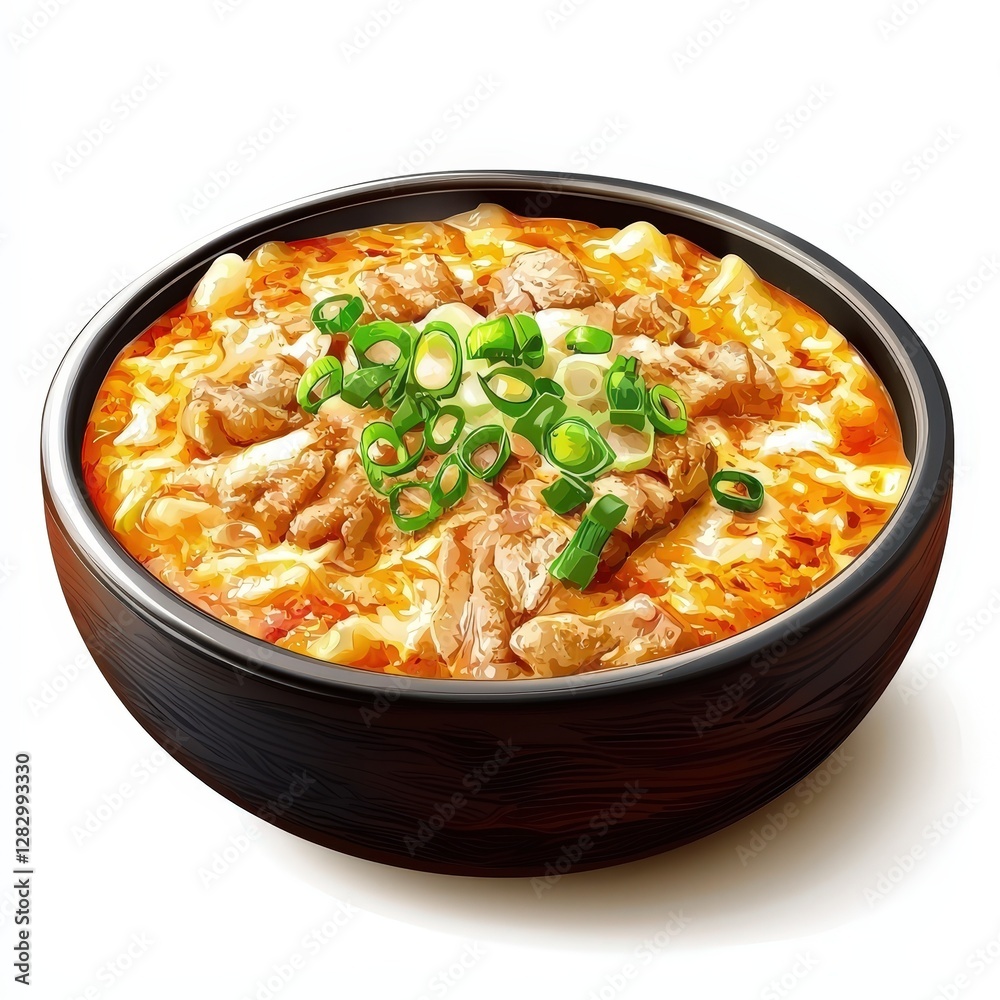 Japanese food oyakodon national cuisine dish isolated on white background, colorful cartoon illustration Japanese food oyakodon national cuisine dish isolated on white background, colorful cartoon illustration