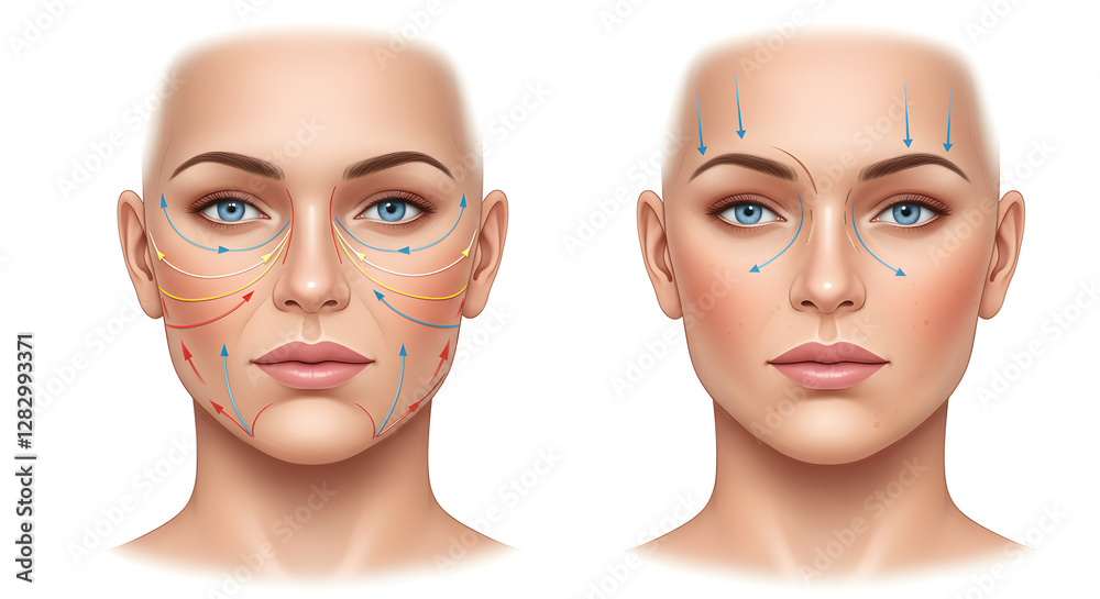 Before and After Face Massage Lines, Anti-aging Treatment Diagram, Beauty Procedure Guide Before and After Face Massage Lines, Anti-aging Treatment Diagram, Beauty Procedure Guide