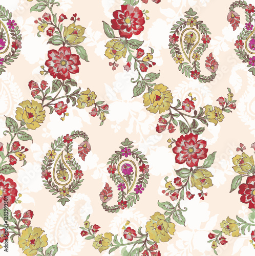 hand drawn seamless paisley floral pattern isolated on cream texture  background. paisley flower seamless pattern vector. traditional floral paisley pattern. embroidery pattern, kalamkari pattern.	