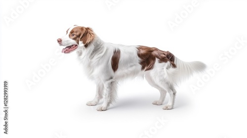 White and brown dog standing in a relaxed pose on a white background. Generative AI photo