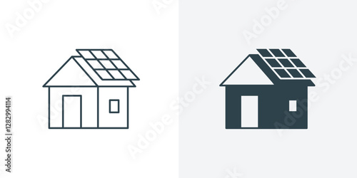 Solar Energy House Icon Vector. Line and Solid illustration of Solar Cell Symbols for Clean Power, Eco-Friendly Homes, and Sustainable Cities