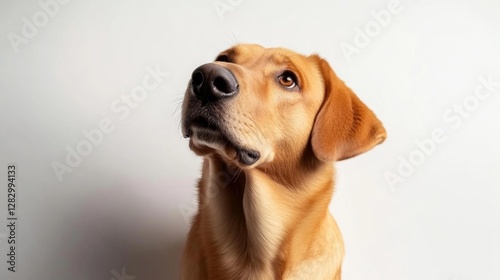 Golden Retriever dog looking up isolated on white background. Generative AI photo