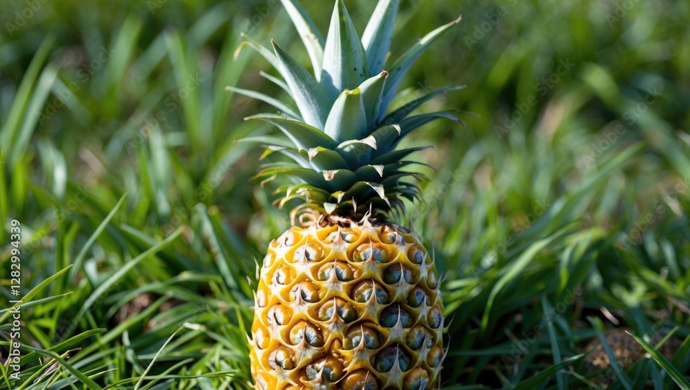 Obraz premium Pineapple close-up on grass background showcasing natural textures suitable for educational materials and nature-themed designs.