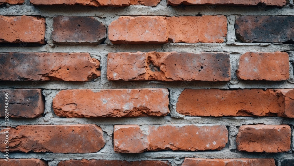 Close-up view of weathered red brick wall with irregular textures and mortar joints in between bricks Close-up view of weathered red brick wall with irregular textures and mortar joints in between bricks