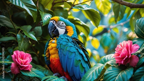 Fototapeta Naklejka Na Ścianę i Meble -  Colorful parrot perched among lush foliage and vibrant flowers in a tropical garden setting. Perfect for nature and wildlife themes.