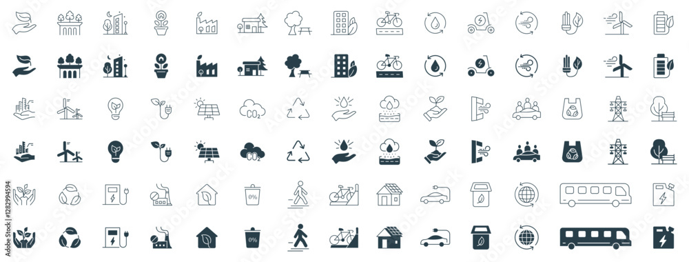 Green City Line and Solid Icon Set. Vector Illustration of Eco-Friendly Living, Renewable Energy, Green Buildings, Clean Energy, and Environmental Sustainability