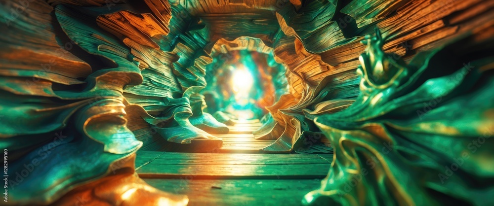 Fototapeta premium Colorful abstract wooden tunnel with dynamic swirling patterns and a glowing light source creating a surreal depth perception.