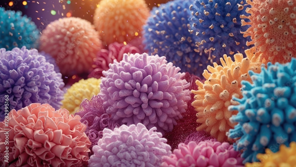 Obraz premium Colorful abstract representation of viruses or microbes with detailed textures and various shapes against a blurred background.