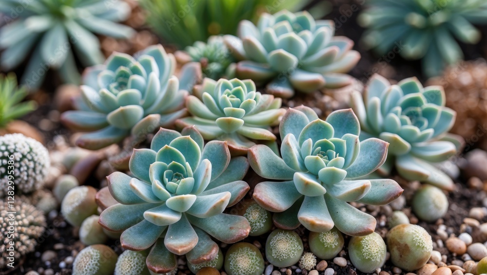 Succulent plants in a landscaped arrangement with varying shapes and sizes on a bed of small pebbles and soil Succulent plants in a landscaped arrangement with varying shapes and sizes on a bed of small pebbles and soil