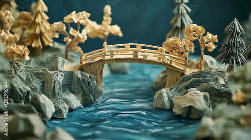 A realistic scene of a paper bridge spanning over a paper crafted river, surrounded by small paper trees and rocks.