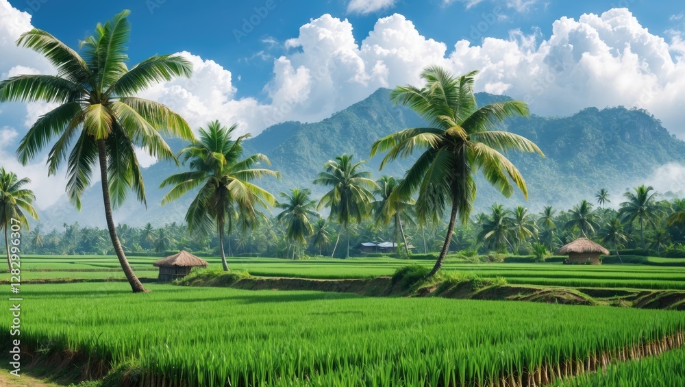 Naklejka premium Lush green rice fields with palm trees against a backdrop of mountains and blue sky with scattered clouds