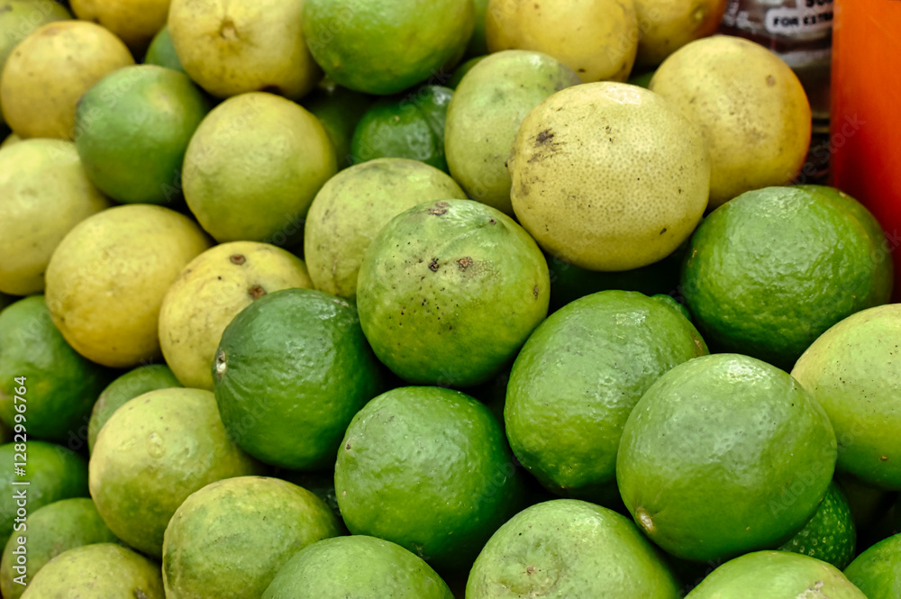 Limes and lemons are piled high at a bustling market, showcasing their fresh, vibrant colors against a bright backdrop Limes and lemons are piled high at a bustling market, showcasing their fresh, vibrant colors against a bright backdrop