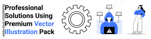 Gear symbol, hacker with connected laptops alerting cyber risk, thoughtful professional on phone. Ideal for tech solutions, cybersecurity, innovation, teamwork, management, planning flat landing