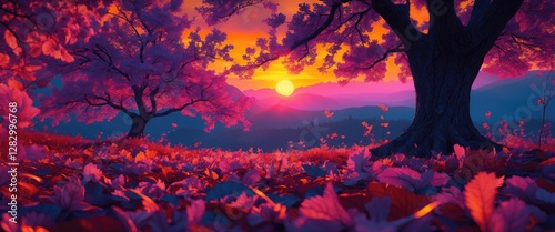 Sunset over a colorful landscape with pink foliage trees and mountains in the background illuminated by a vibrant sky photo