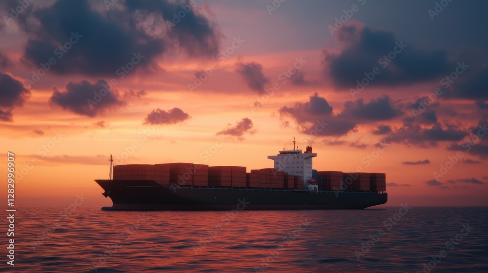Container ship of ocean concept. Giant Container Ship Sailing Smoothly Over an Ocean at Sunset Container ship of ocean concept. Giant Container Ship Sailing Smoothly Over an Ocean at Sunset