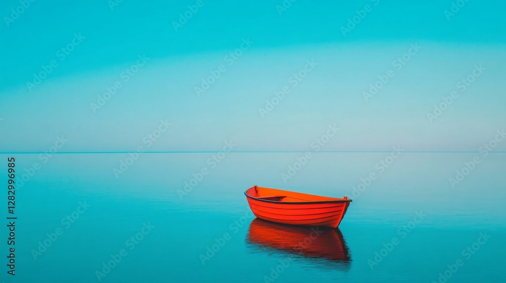 Floating Solitude: An orange rowboat drifts serenely on tranquil blue water, reflecting the vast sky above. The minimalist scene evokes a sense of calm, freedom, and introspective journey. Floating Solitude: An orange rowboat drifts serenely on tranquil blue water, reflecting the vast sky above. The minimalist scene evokes a sense of calm, freedom, and introspective journey.
