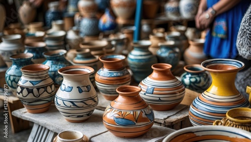 Traditional hand-painted Cucuteni ceramic pottery displayed at a vibrant artisan market showcasing Romanian craftsmanship and cultural heritage.