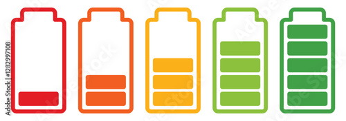 Set of vertical battery level indicators in percentage vector. Battery indicator symbols. 0-100 percent.