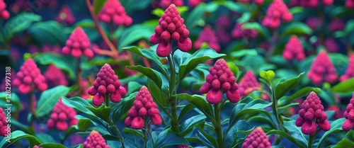 Vibrant cluster of Kemukus plants with striking pink flower spikes surrounded by lush green leaves in a tropical setting. photo