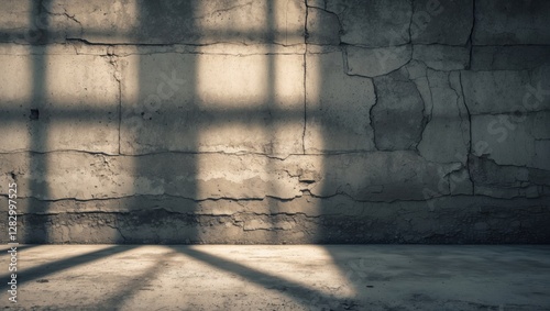 Gray cracked wall with shadows from window light on the floor in an empty room interior. photo