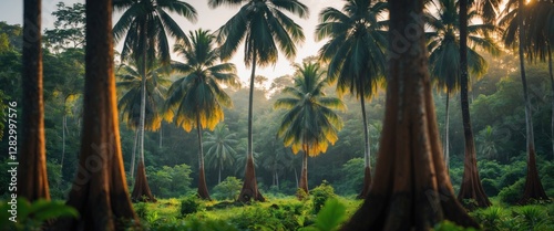 Tropical forest scene featuring teak trees and palm trees in morning light, lush greenery, and serene nature background ideal for wallpapers. photo