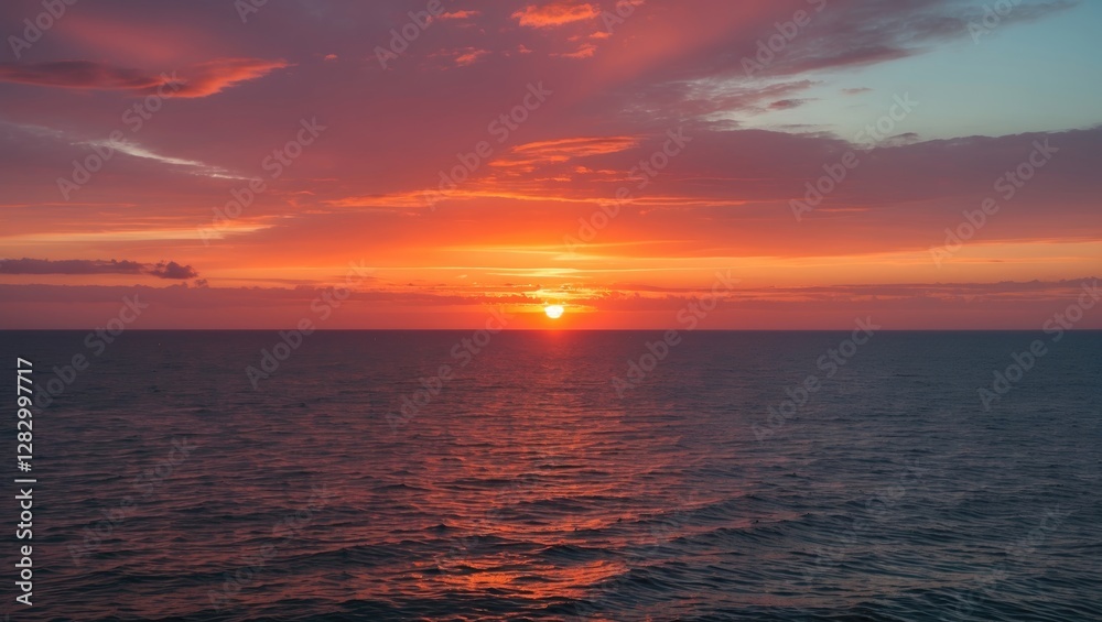 Sunset over calm ocean waters with colorful clouds reflecting orange and pink hues in the sky during twilight. Sunset over calm ocean waters with colorful clouds reflecting orange and pink hues in the sky during twilight.
