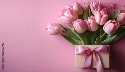 Wallpaper Mural A beautiful arrangement of pink tulips emerging from a pastel pink gift box, ideal for gifting on occasions like Mother's Day, birthdays, and Valentine's Day. Torontodigital.ca