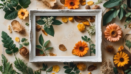 Floral composition with vintage frame surrounded by autumn leaves and flowers on textured background for creative design concepts.