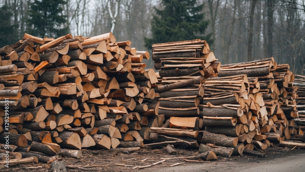 Stacks of chopped firewood in a forested area with trees in the background on an overcast day Stacks of chopped firewood in a forested area with trees in the background on an overcast day
