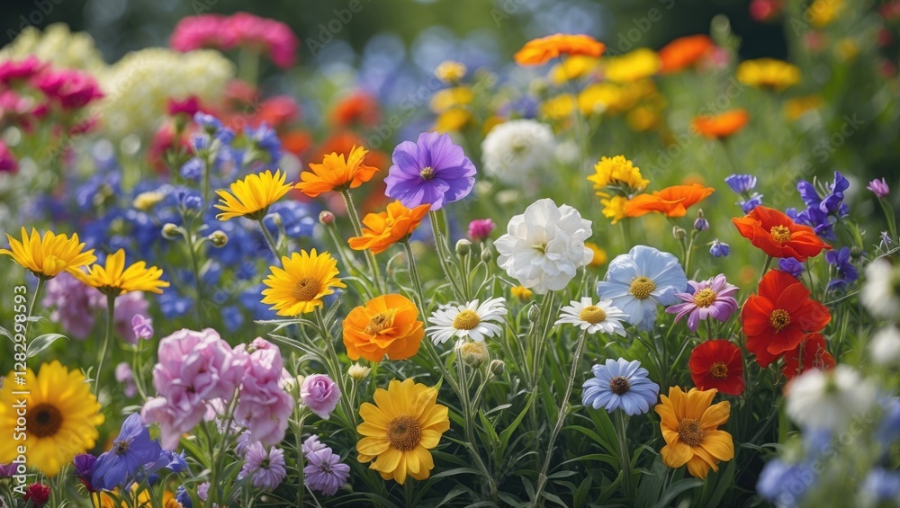 Fototapeta premium Colorful garden filled with various blooming flowers in sunlight showcasing vibrant petals and lush green foliage.