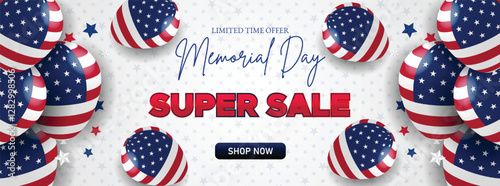 Happy Memorial Day Sale Web Banner Background. Special Offer Of Up To 50% Off For Memorial Day Shopping Events and Online Campaigns. Patriotic Memorial Day Festive Super Sale Web Header