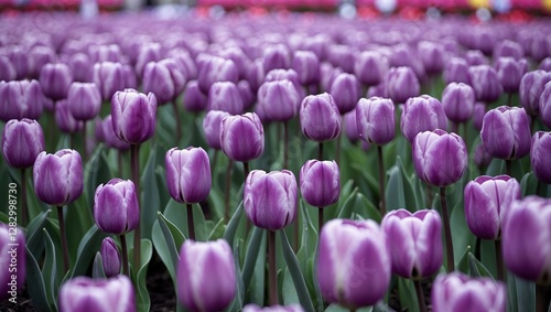 Vibrant field of blooming purple tulips at the Goyang Flower Festival in South Korea showcasing natural beauty and seasonal celebration.