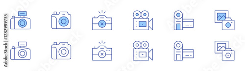 Camera icon set in two styles, Duotone and Thin Line style. Editable stroke. camera, photo camera, videocamera, camcorder, photography