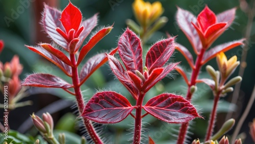 Colorful biennial plant with striking red hairy leaves and vibrant flowers showcasing botanical beauty in a lush garden setting.