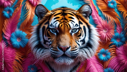 Vibrant tiger portrait surrounded by exotic feathers and flowers creating a bold and colorful wildlife design for artistic backgrounds. photo