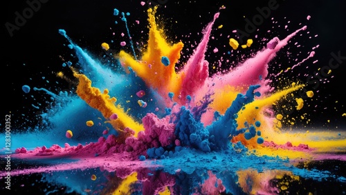 Colorful powder explosion on black background creating dynamic abstract shapes in hues of pink, blue, yellow, and orange photo