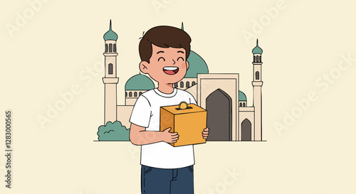 Smiling boy holding a charity box in front of a mosque, symbolizing generosity and community during Ramadan festivities.