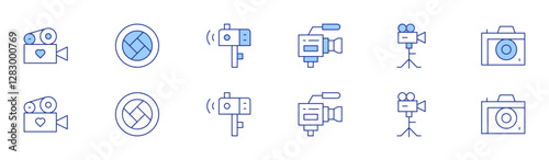 Camera icon set in two styles, Duotone and Thin Line style. Editable stroke. videocamera, wedding, lens, photo camera, video camera, camera