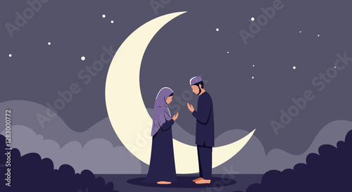 Illustration of a man and woman in traditional clothing praying under a crescent moon and starry sky, representing Ramadan.