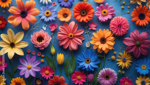 colorful arrangement of various flower types with vibrant petals and green leaves on blue background