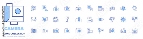 Camera icons collection. Line Duotone style, editable stroke. movie camera, camera, camera tripod, video camera, drone, gopro, photo camera, camera shutter