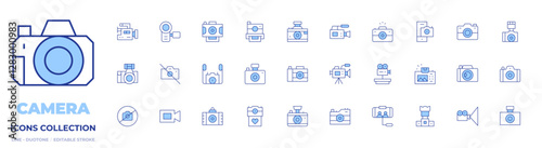 Camera icons collection. Line Duotone style, editable stroke. no camera, video camera, camera, photo camera, movie camera, camera lens