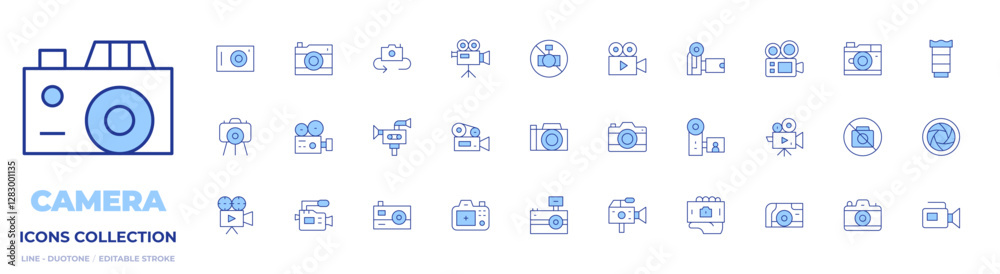 Camera icons collection. Line Duotone style, editable stroke. video camera, camera, camera lens, no camera, camera flash, photo camera, lens, Frame, handycam Camera icons collection. Line Duotone style, editable stroke. video camera, camera, camera lens, no camera, camera flash, photo camera, lens, Frame, handycam