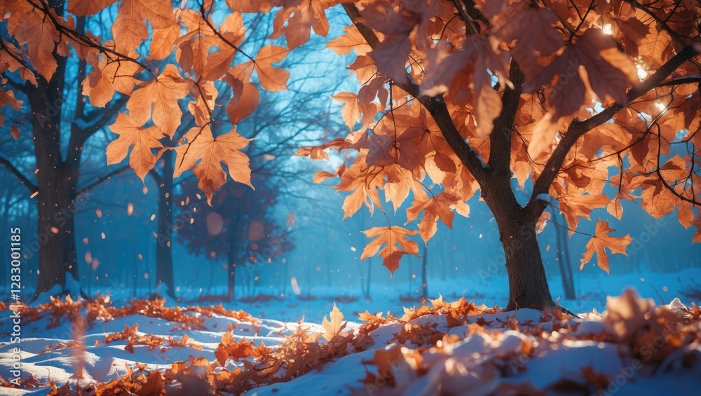 Fototapeta premium Winter landscape featuring a tree with dry orange leaves amidst a snowy ground and soft blue lighting creating a tranquil atmosphere