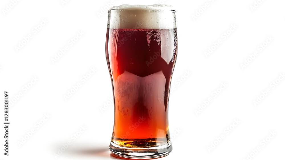 A glass of beer is sitting on a white background A glass of beer is sitting on a white background