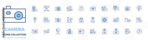 Camera icons collection. Line Duotone style, editable stroke. video camera, camera tripod, camera shutter, camera, photo camera, conference, switch camera