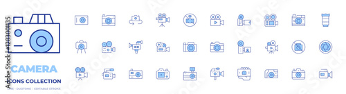 Camera icons collection. Line Duotone style, editable stroke. video camera, camera, camera lens, no camera, camera flash, photo camera, lens, Frame, handycam